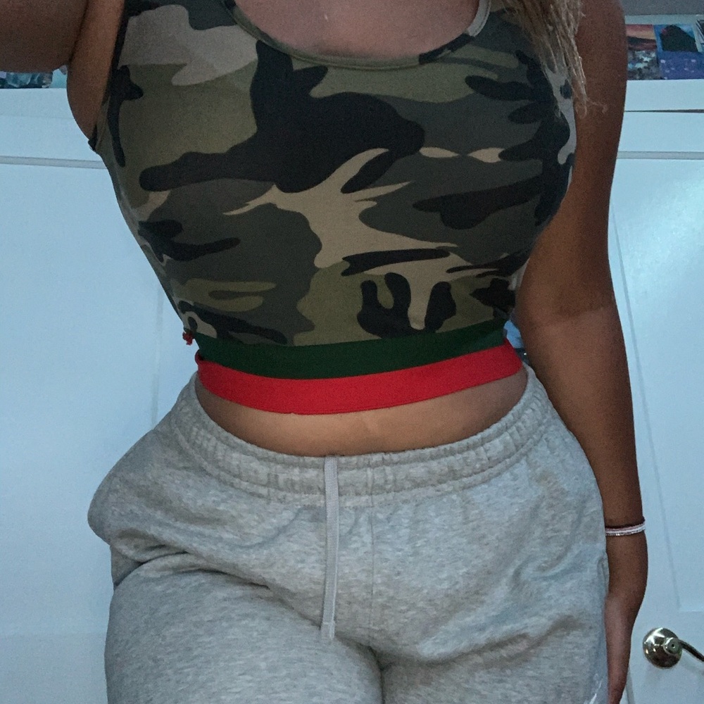 Camo fashion nova tank top with red and green band